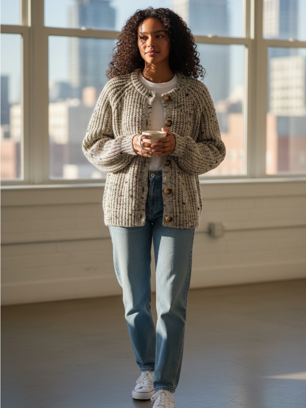 Speckled Grey Knit Button-Front Cardigan